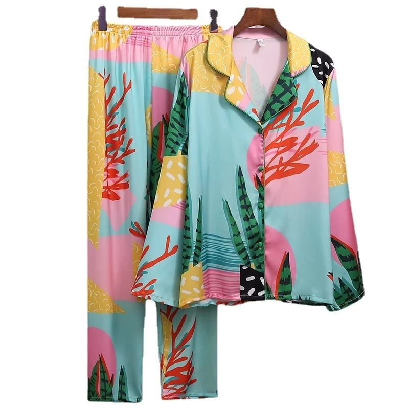 

2023 New Women Pajama Set Hand Drawn Art Tropical Plants Pyjama Set Silk Like Nightwear Long Home Wear Clothes Sleepwear Homewea
