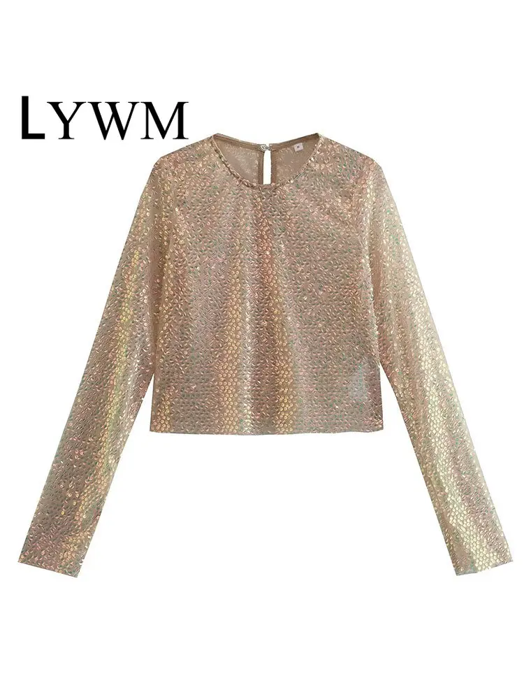 

LYWM Women Fashion With Sequins Solid Cropped Blouse Vintage O-Neck Back Hollow Out Long Sleeves Female Chic Lady Shirts