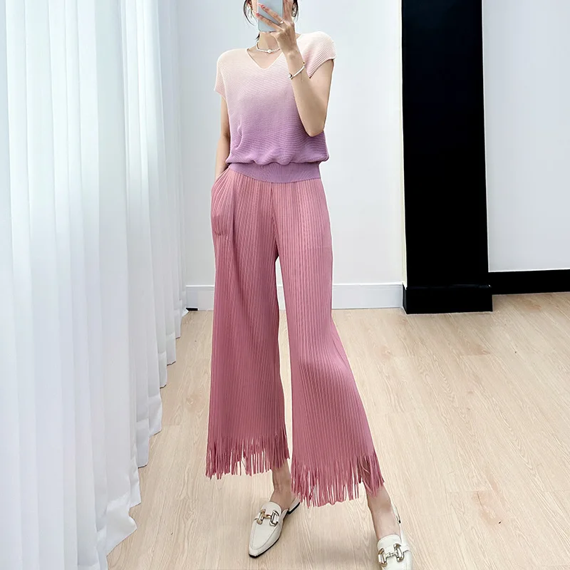 

Miyake Pleated Casual Pants for Women, Simple, Monochromatic, Elegant, Slim Fit, Comfortable Tassel, Straight-Leg Pants, New,