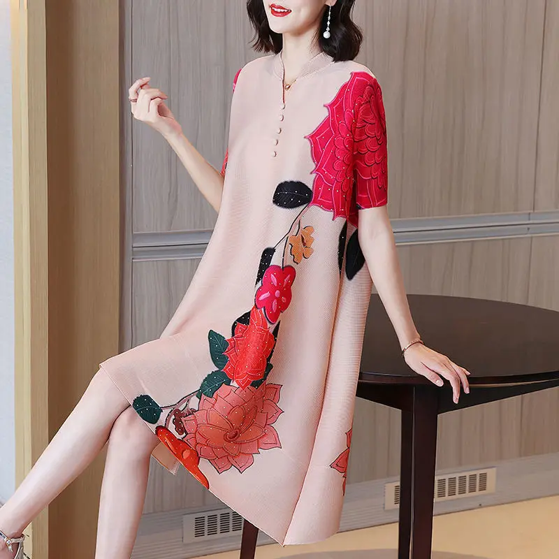 

Folding high -end dress female 2022 Summer new short -sleeved printed o neck and meat loose casual dress female clothing tops