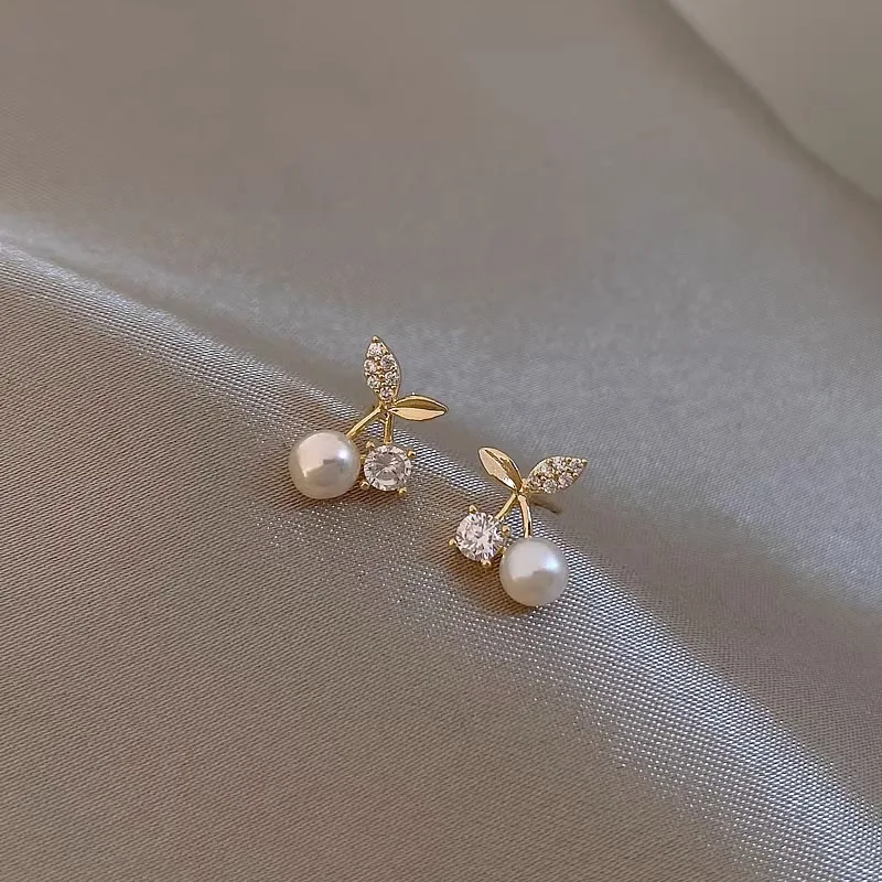 WAKA S925 Серебряные серьги с жемчугом и кристаллами бриллиантами вишней женские