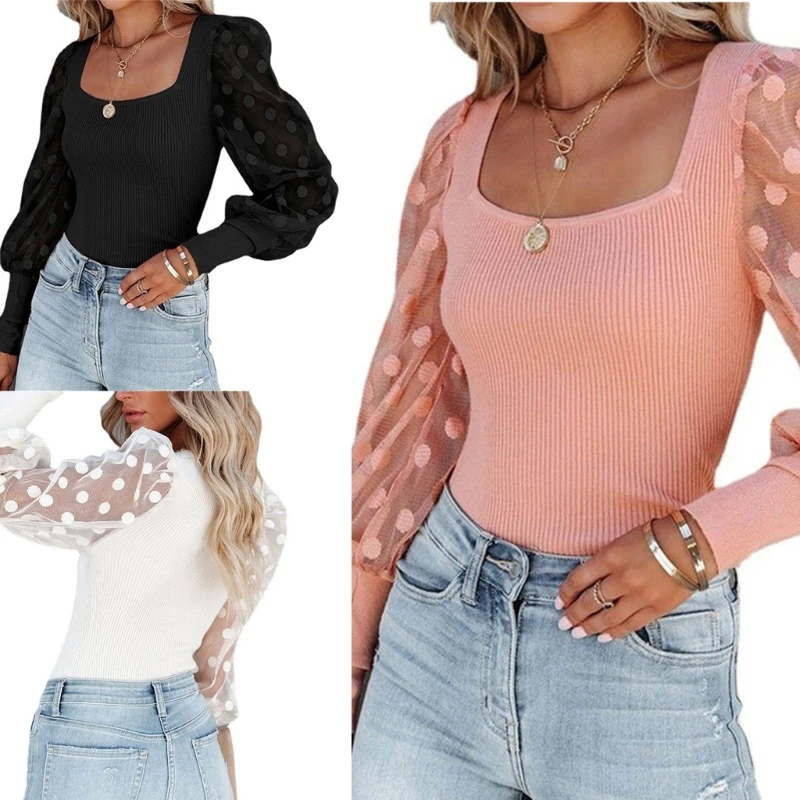 

Женская приталенная рубашка в горошек, кружевная блузка с длинным рукавом-фонариком и квадратным вырезом, Прямая поставка