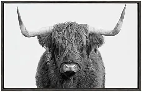 

B&W Highland Cow No. 1 Portrait Framed Canvas By Amy Peterson Studio, 28x38 Gray, Rustic Farm Animal For