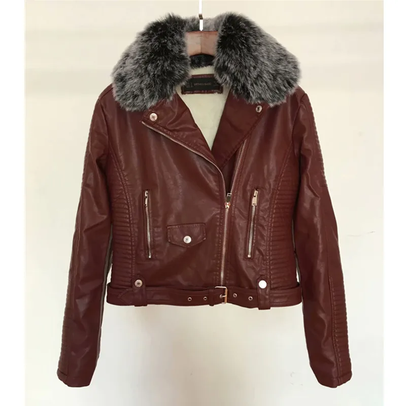 Autumn and Winter New Solid Color Short Section Belt Fur Collar Motorcycle Leather Jacket Women's PU Leather Fleece Jacket enlarge