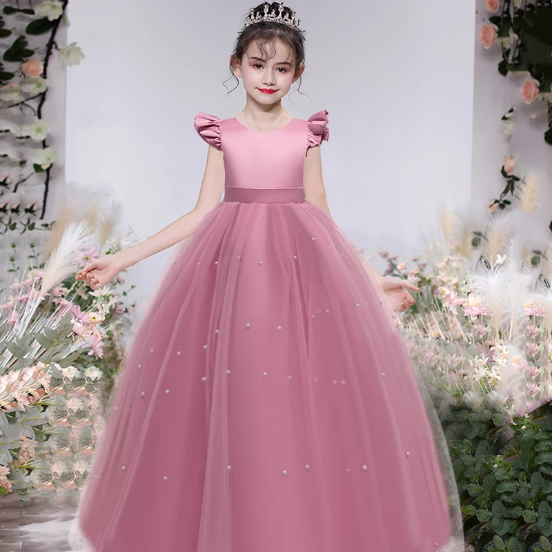 

Girls Long Bridesmaid Evening Pageant Dress Kids Children Costume Prom Princess Flower Big Bow Party Gown 12 13 14 Y Vestido