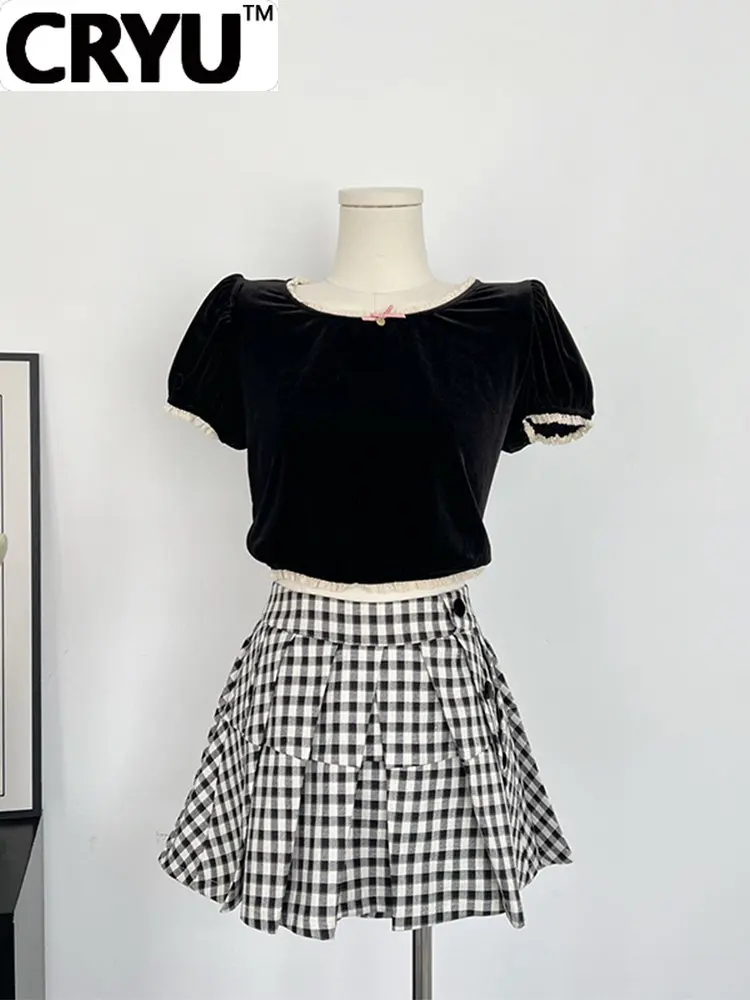 

Women Vintage Japan Sweet Style 2 Pieces Outfit O-neck Short Sleeve Lace Baggy Soft Tops+High Waist Classic Plaid Pleated Skirts