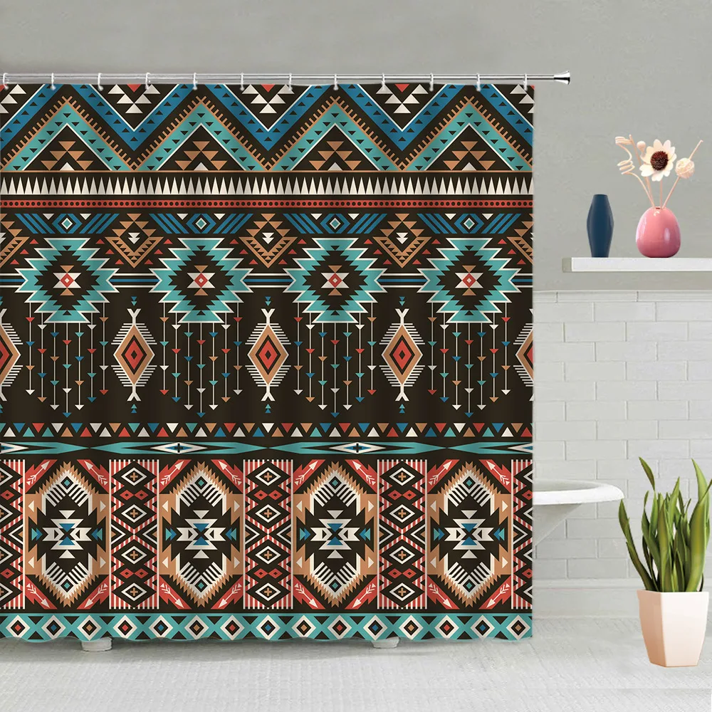 Aztec Shower Curtain Retro Color Tribal Southwestern Navajo Aztec Fancy Abstract Geometric Ethnic Design Boho Bathroom Decor Set