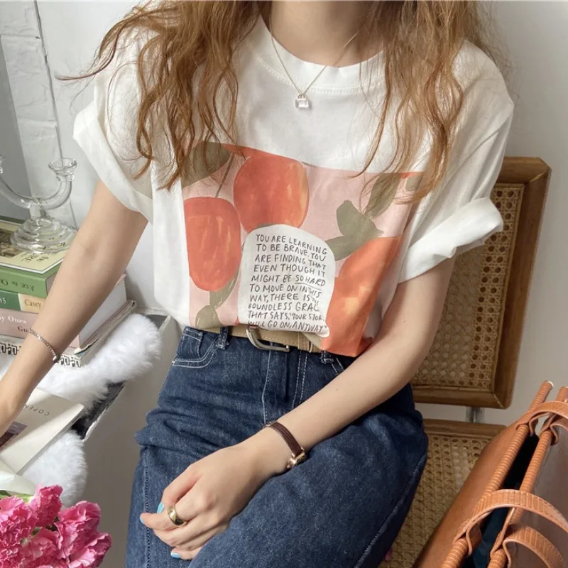 

Korean Fashion Short Sleeve T-shirt Women Tshirts Casual T-shirts Summer Loose Tees White Top Streetwear Women Clothing XC073