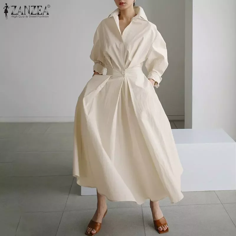 

Women Autumn Sundress ZANZEA 2022 Elegant Shirt Dress Solid Long Sleeve Maxi Vestidos Female Casual High Waist Robe Oversize 7