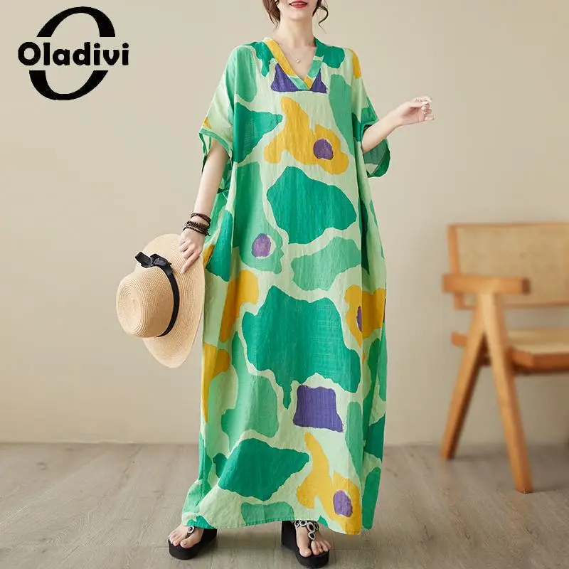 

Oladivi Fashion Print Women Bohemian Beach Dress 2023 Summer Large Size Boho Long Dresses Ladies Oversized Clothing 8XL 9XL 5852