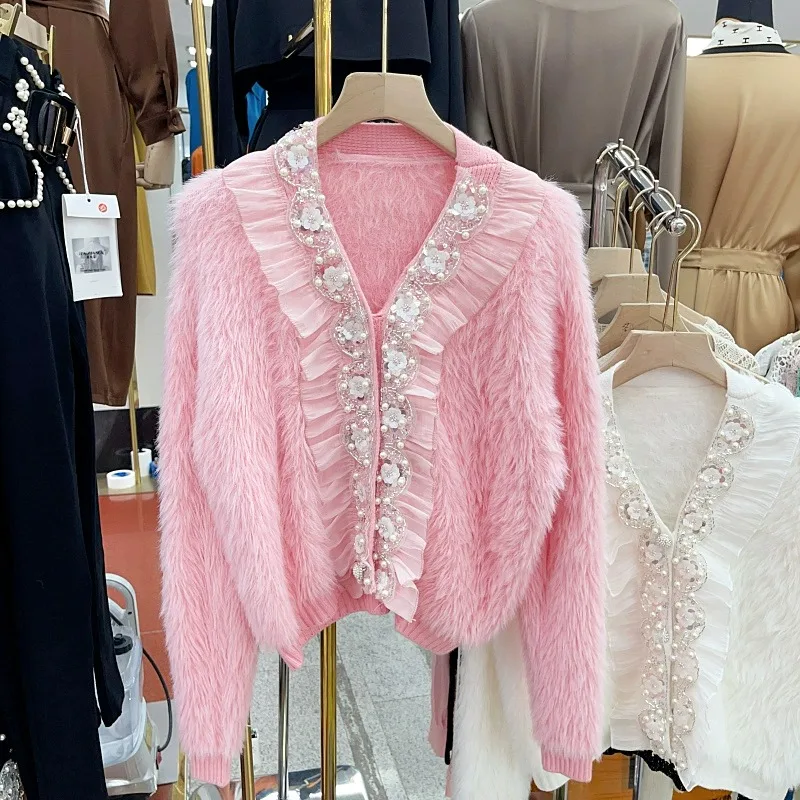 

Осенне-зимний винтажный свитер в стиле High Street, Женский однотонный вязаный кардиган с цветочным рисунком и бриллиантами, однобортная верхняя одежда Y2k