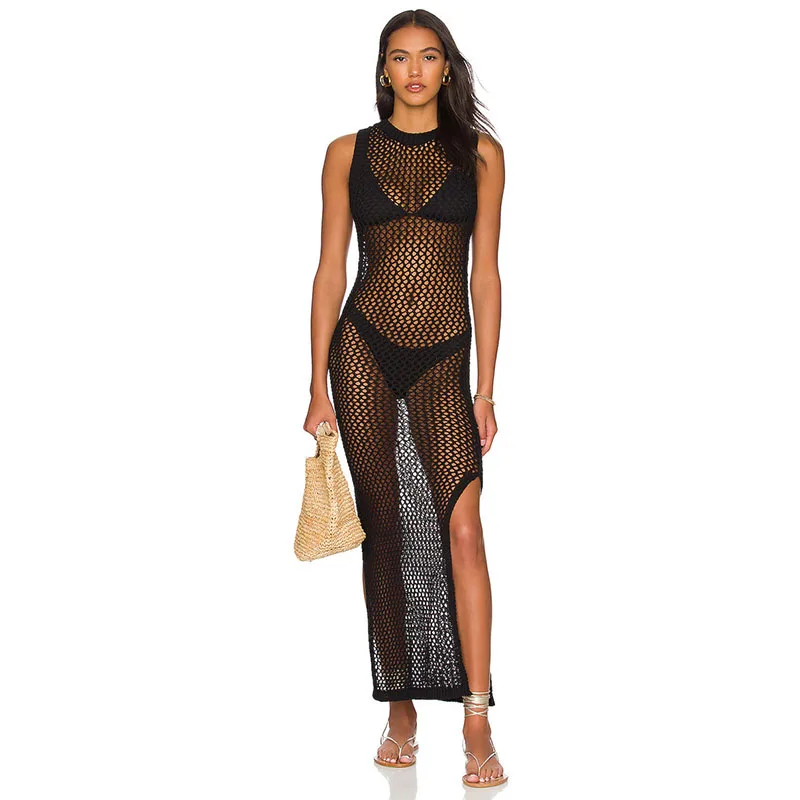 

Women's Crochet Cover Up Hollow Out Knitted White Dresses Sleeveless Beach Long Dress Sexy Side Split Tunic