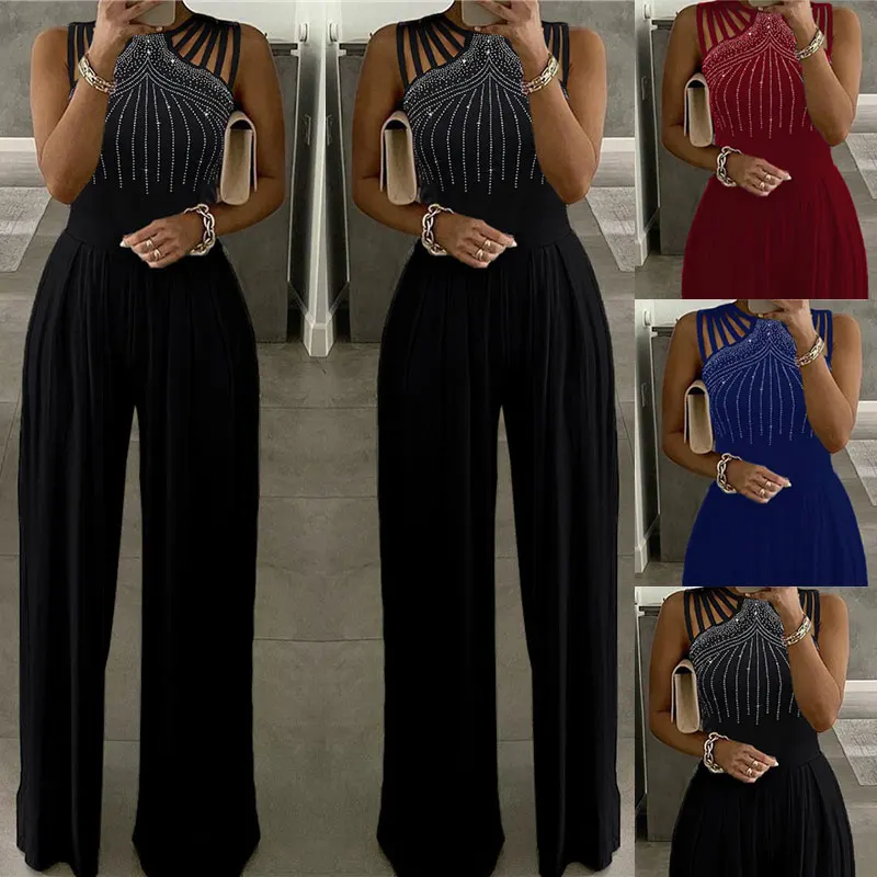 

Summer Women Jumpsuit Romper Sleeveless Streetwear Wide Leg Rhinestone Female Playsuit Office Lady Fashion Elegant Bodysuit 2023