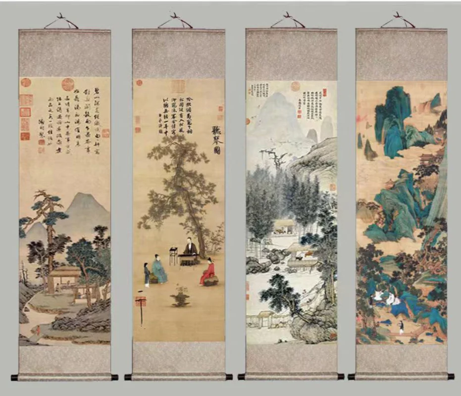 

Древний пейзаж живопись Триптих живопись, четыре экрана прокрутки живопись, гостиная винтажное украшение живопись Домашний декор