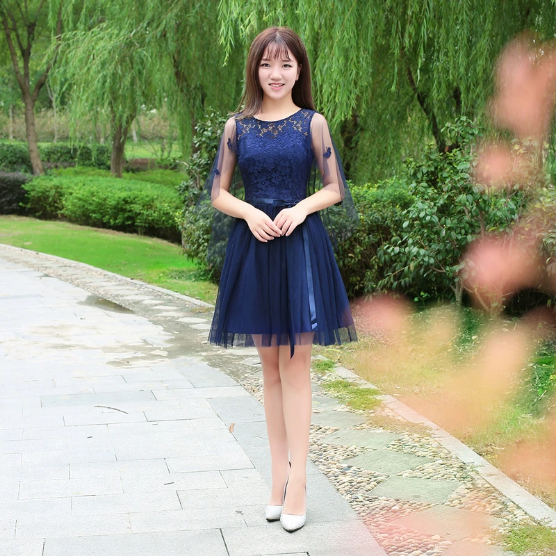 

2022 Navy Blue Prom Dresses Lady Women Girl Junior Adult Cheap Robe O-Neck Lace Mesh Net Short Graduation Dress Elastic Back
