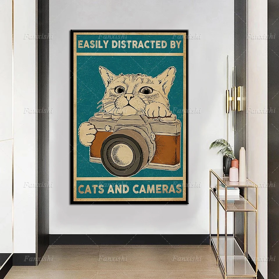 

Hd Print Picture Wall Artwork Home Decor Modular Easily Distracted By Cats And Cameras Canvas Painting Modern Funny Retro Poster