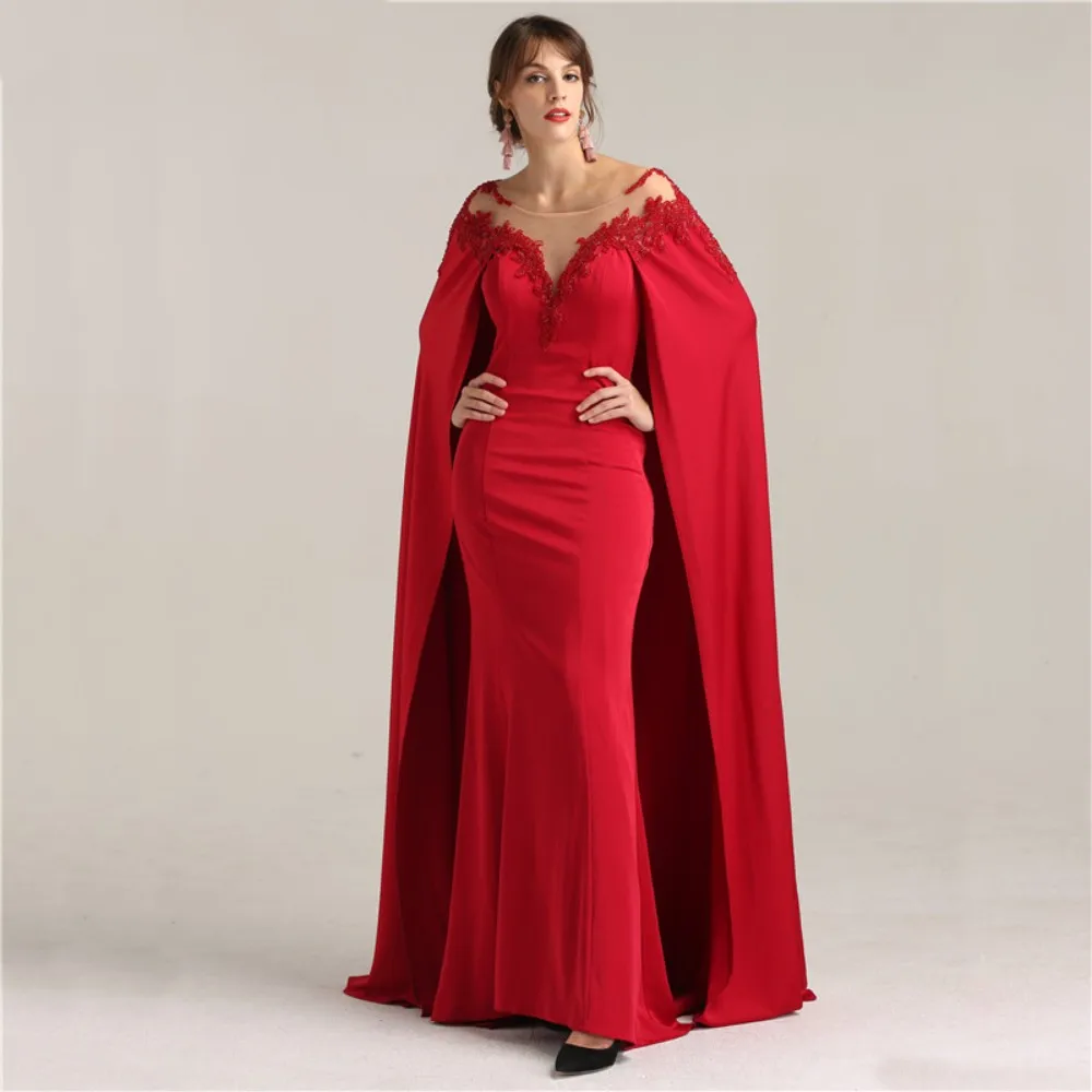 

Satin Lace Applique Mermaid Evening Dresses with Shawl O Neck Long Arabian Muslim Dubai Prom Party Dress Elegant Wedding Bride