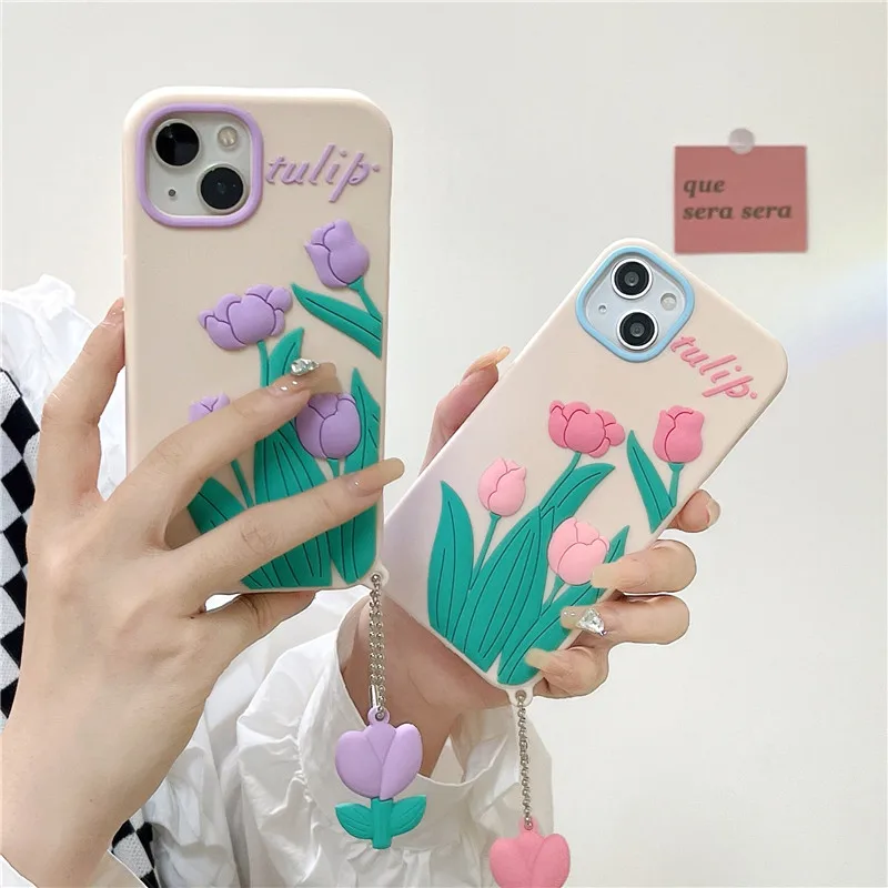 

Cute Floral 3D Case For iphone 13 12 11 Pro XS Max X XR SE20 6 7 8 plus Soft Silicone Phone Cover With Lanyard flowers girl gift
