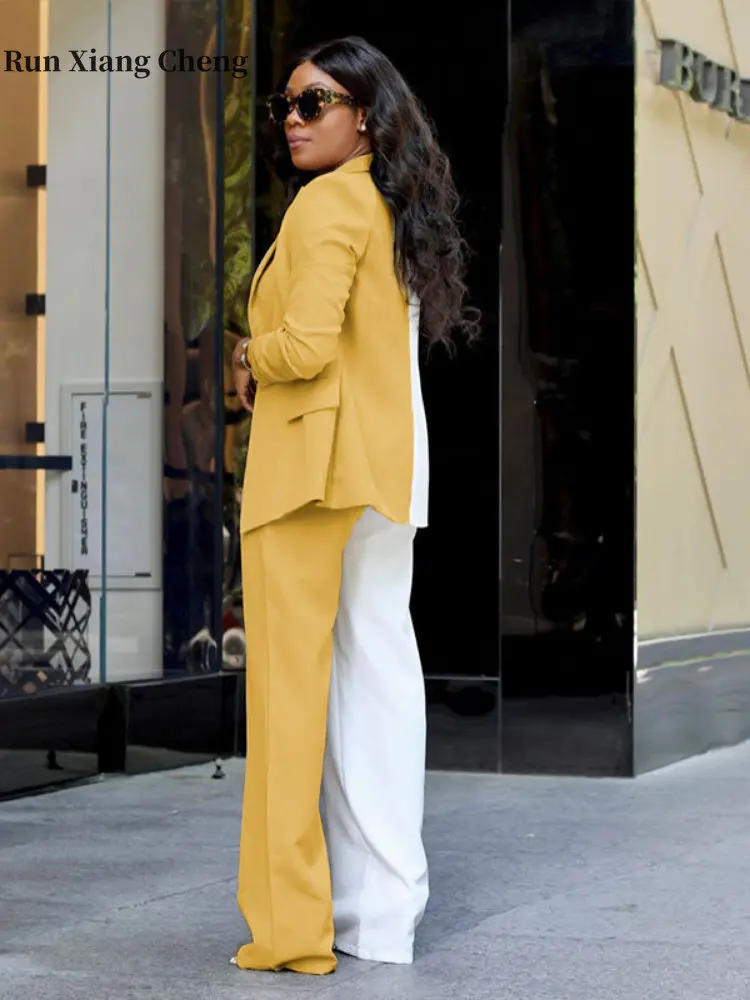 Women's Suit 2023 New Color-blocking Simple Fashion Long Sleeve Top Blazer Casual Pants Chic and Elegant Set Woman 2 Pieces