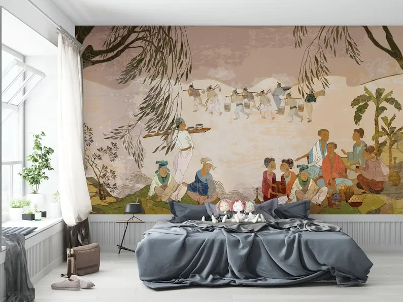 

Chinese Mythology Wallpaper, Elegant Chinese History Watercolor Wall Decor, Chinese Fresco Wall Art, Office wall decor, Style Wa