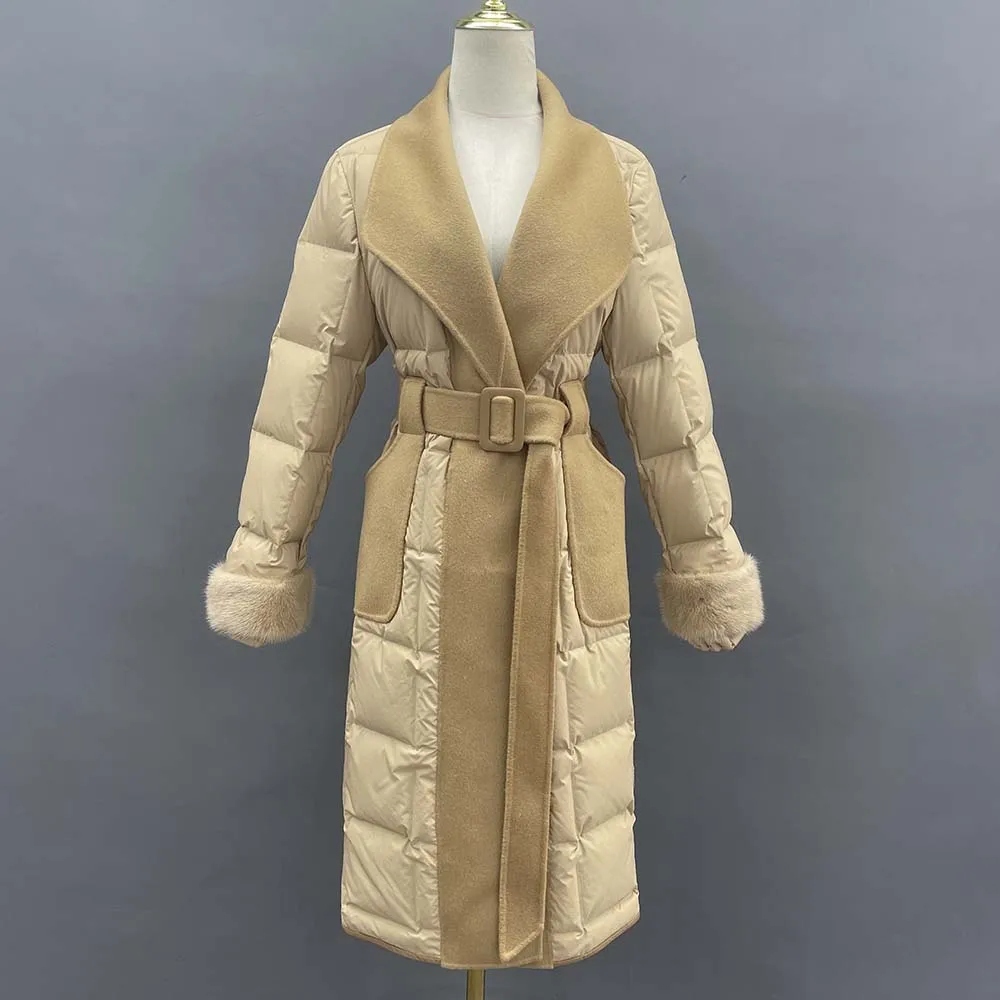 

Длинный пуховик MISSJANEFUR, Женская Роскошная элегантная 2022 кашемировая куртка-пуховик с воротником и поясом, меховые манжеты из норки, теплое зимнее пальто