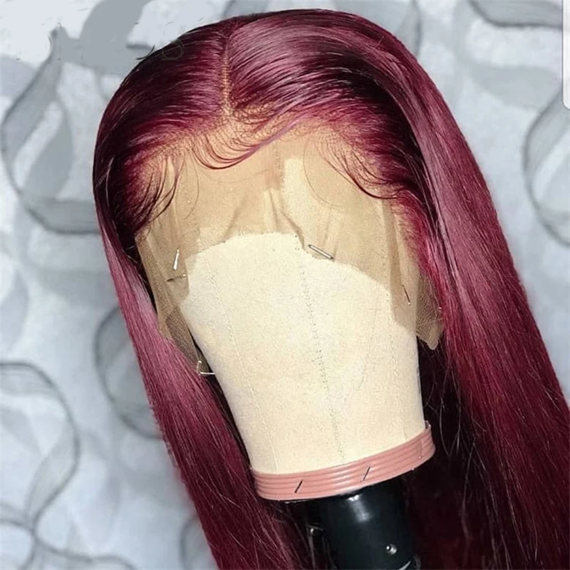 180%Density 26Inch Long Burgundy Straight Synthetic Lace Front Wig For Black Women With Baby Hair Heat Resistant Fiber Daily Wig