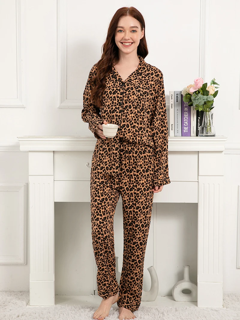 Plus Size S-3XL Leopard Print Women's Home Clothes 2 Piece Sets Loose Long Sleeve Pajamas Female Casual 100% Viscose Sleepwear