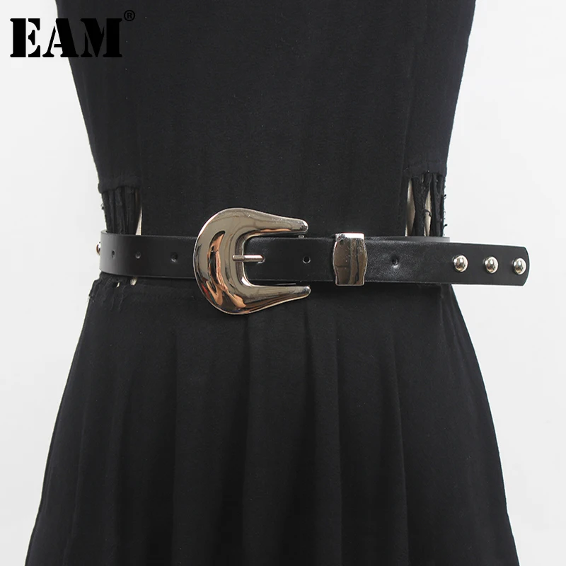 

[EAM] Pu Leather Black Rivet Long Buckle Wide Belt Personality Women New Fashion Tide All-match Spring Autumn 2023 1DF1775