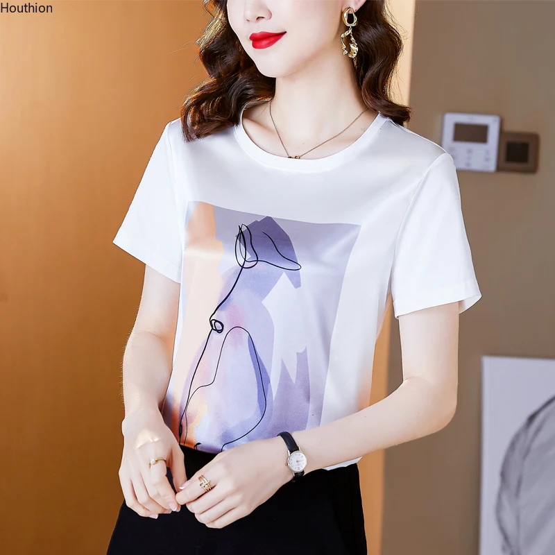 

Satin Women's T-shirt Fashion Short Sleeve Top New Casual T Shirt Stitching Printing Tees O-neck Summer Female Clothes Movafag