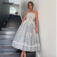 verngo silver tulle prom dresses lace applique strapless midi length evening gowns modern party formal dress robe de soiree