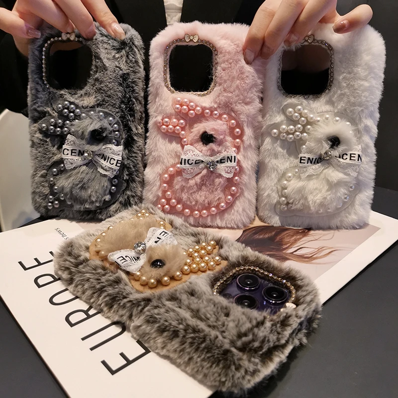 

Winter Style Plush Pearl Rabbit Ins Luxury Phone Case with Fluffy for IPhone 14 Pro Max Mobile Phone Case 14plus Protective Case