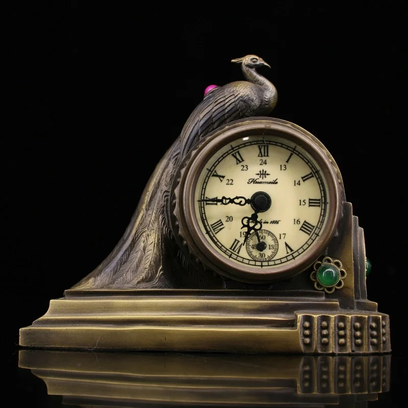 

5.9" Collection Bronze Inlay Gemstone Peacock Peafowl Mechanical Desk Clock 635g
