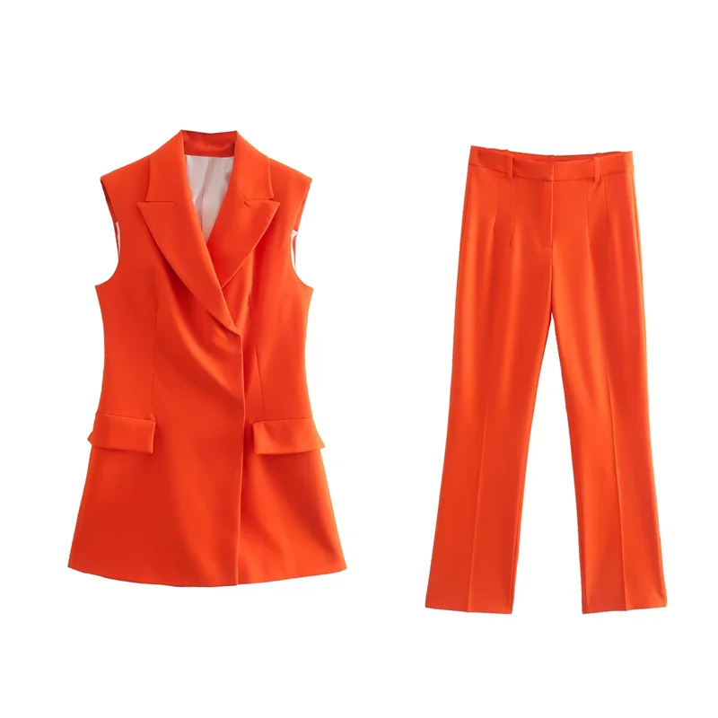 

Woman Elegant Orange Slim Blazer Tanks Suit 2022 Autumn Female High Waisted Pants Matching Sets Ladies Sleeveless Blazers Suits