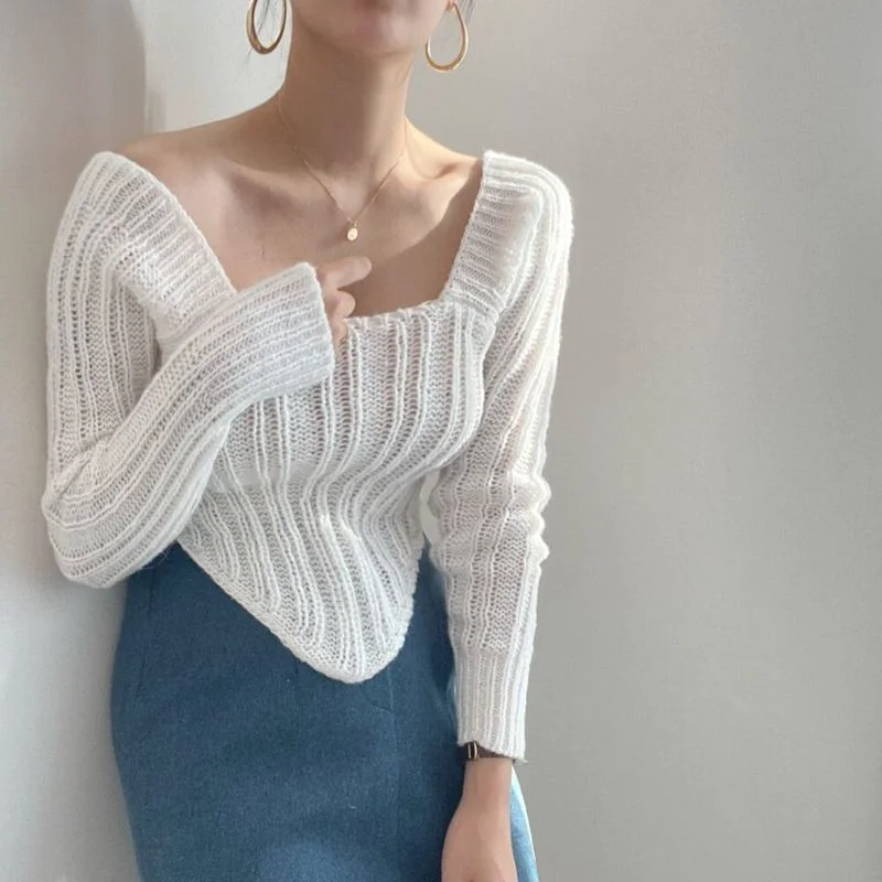 

Женский трикотажный топ с длинным рукавом, Белый Асимметричный свитер в стиле ретро, модный дизайн, на осень