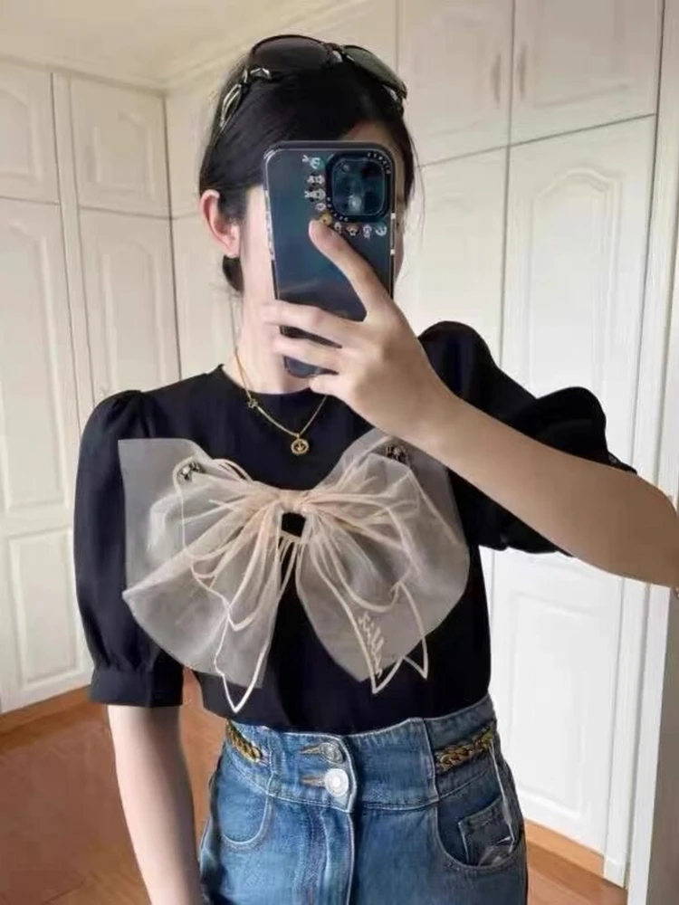 Woherb летняя черная футболка Женская сетчатая Лоскутная с бантом 2022 корейские