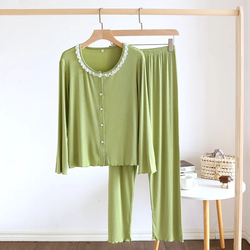 Girl Modal Home Wear Lady Loungewear Crewneck Lace Four Season Thin Fresh Outdoor Great Elasticity Two Piece Set Nightwear Women