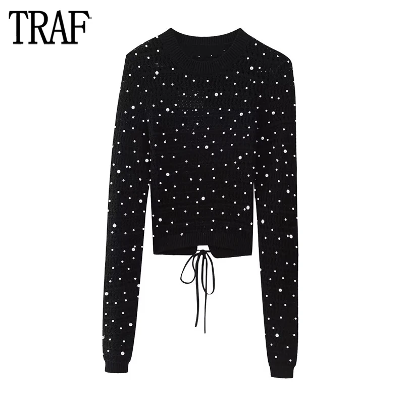

TRAF Black Cropped Sweaters for Women 2023 Beads Knitted Sweater Woman Long Sleeve Backless Sweater Women Autumn Jersey Knitwear