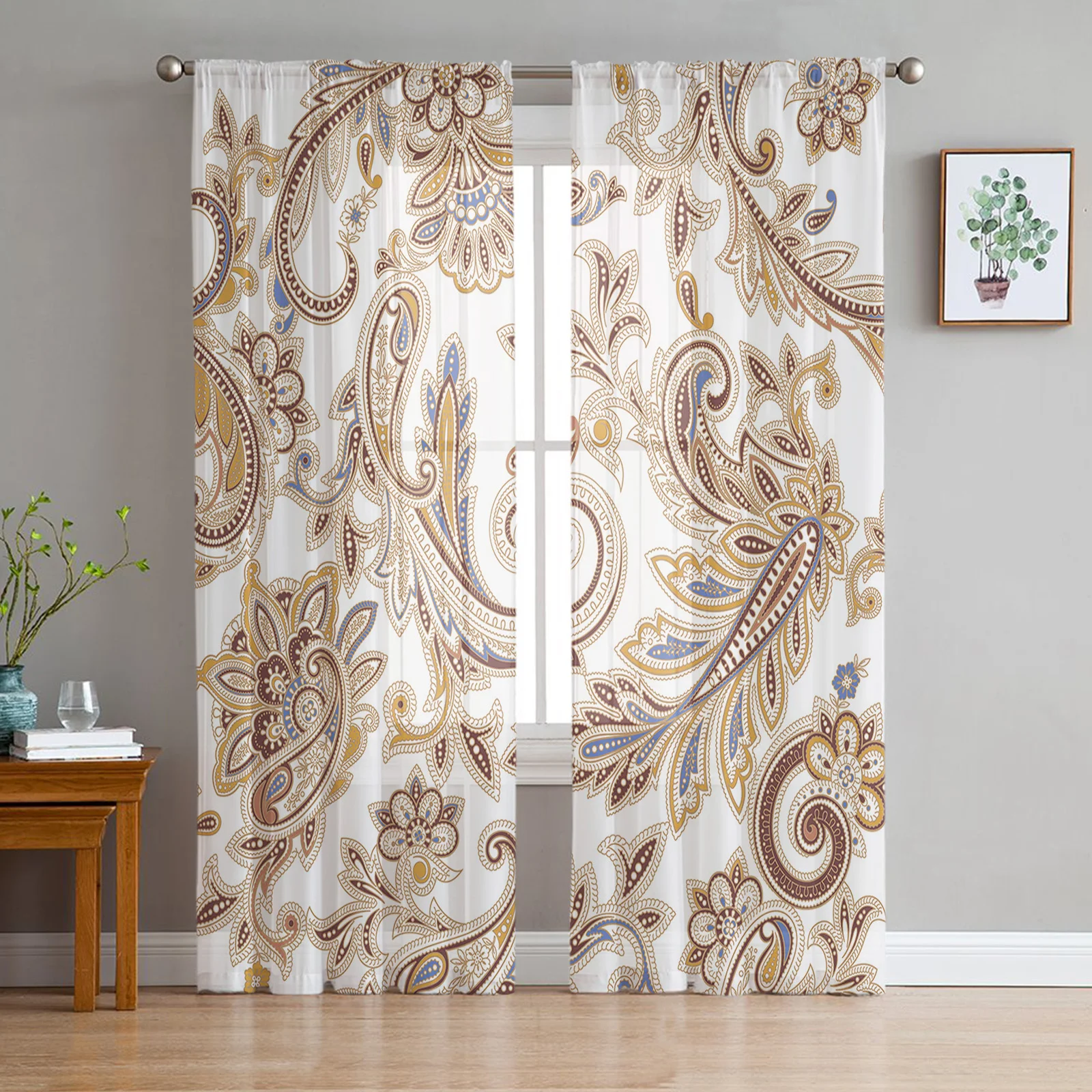 

Boho Vintage Paisley Floral Sheer Curtains for Living Room Bedroom Tulle Curtain for Kitchen Home Decor Window Drapes