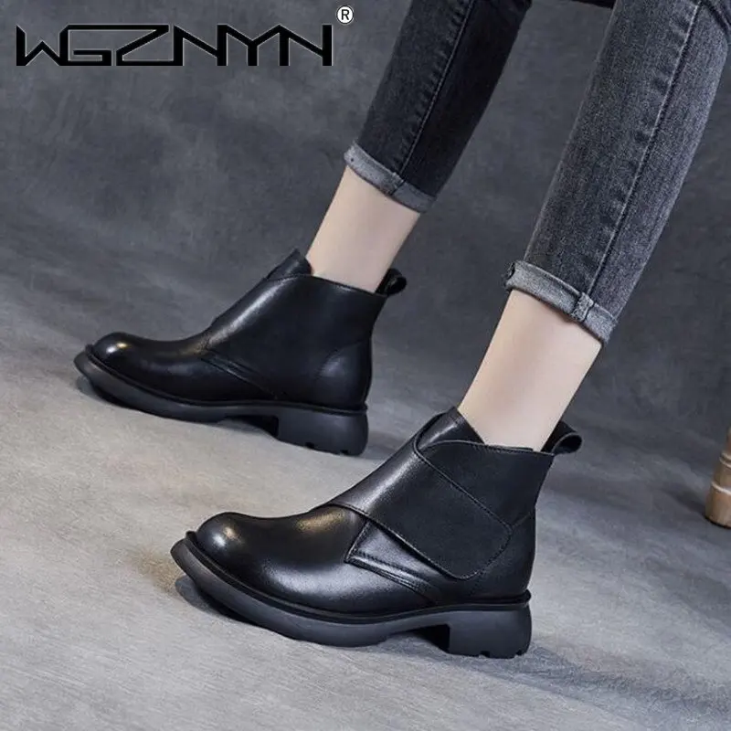 

Женские ботильоны из натуральной искусственной кожи, ботинки в стиле ретро, с круглым носком, на квадратном каблуке, ручная работа, для отды...