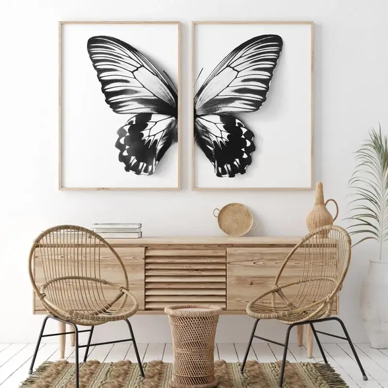 

Modern Wall Art Nordic Poster and Print Black White Flower Butterfly Wings Insect Canvas Painting Home Decor for Living Room