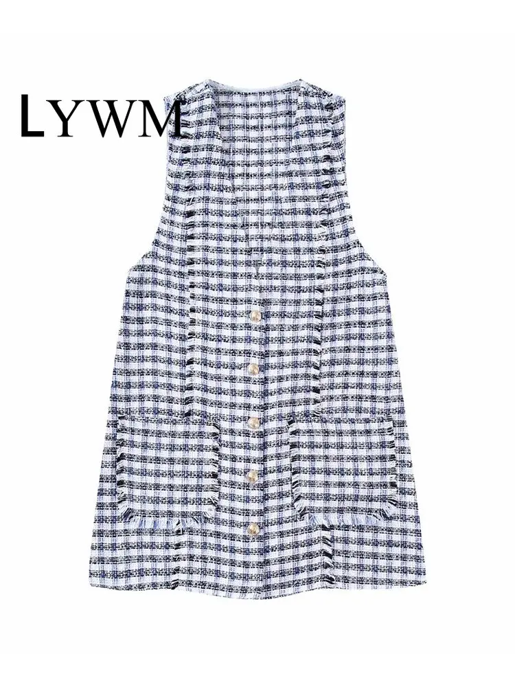 

Модное женское клетчатое однобортное мини-платье LYWM с карманами, винтажные женские шикарные платья без рукавов с V-образным вырезом