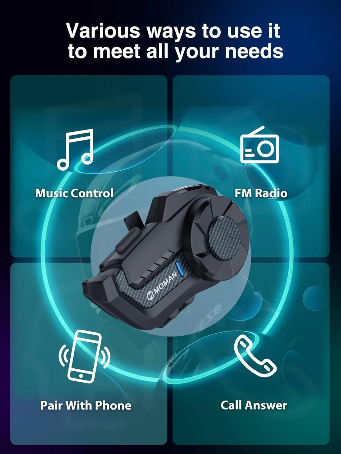 Система связи Moman Motorcycle Intercom H2Pro для мотоциклетного шлема до 1000M с шумоподавлением DSP и CVC FM Music Share (art.: 3920d3338947b) - 3920d3338947b