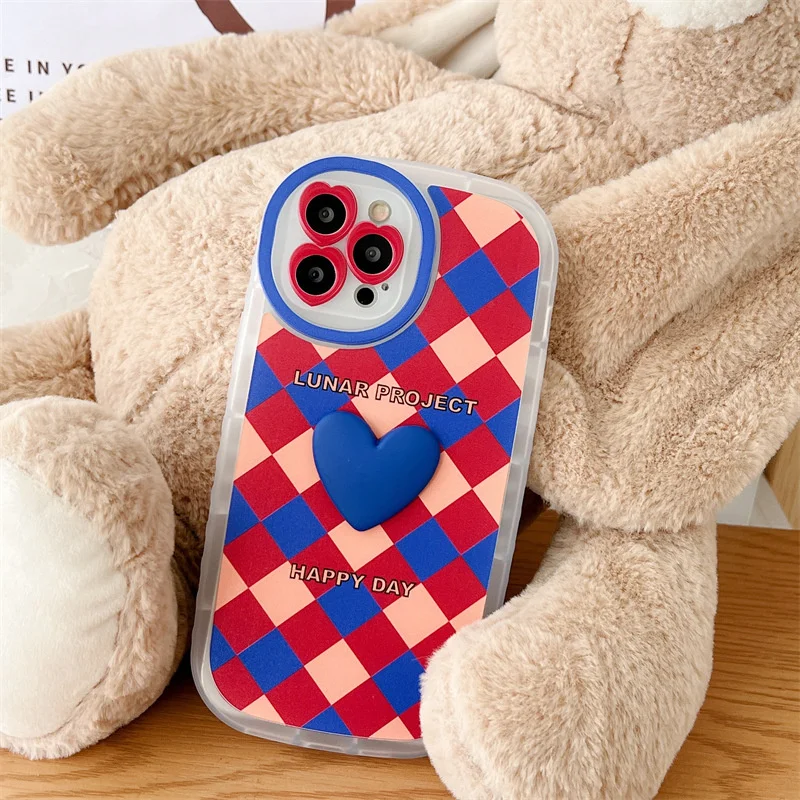 

For iphone 11 12 13 Pro Max XR Xs Max Phone Case Red Blue Lingge Three-dimensional Love Protect Lens Silicone Anti-fall Cover