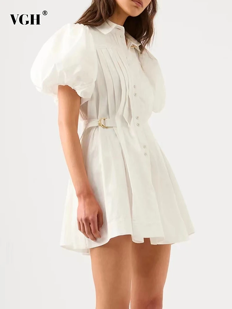 

Женское однобортное мини-платье VGH, повседневное однотонное платье с отложным воротником, пышными рукавами и присборенной талией, летняя одежда