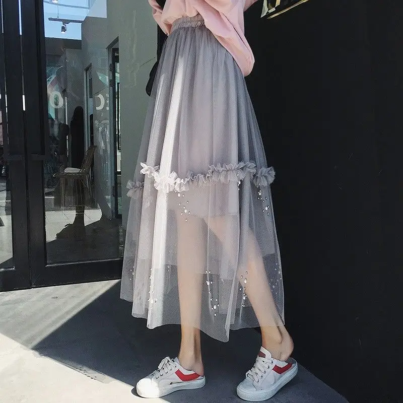 

New Arrive Mesh Maxi Skirt Women Summer 2023 A-Line Beading Print Vintage Casual Female Clothing Tulle Pleated Skirts B17