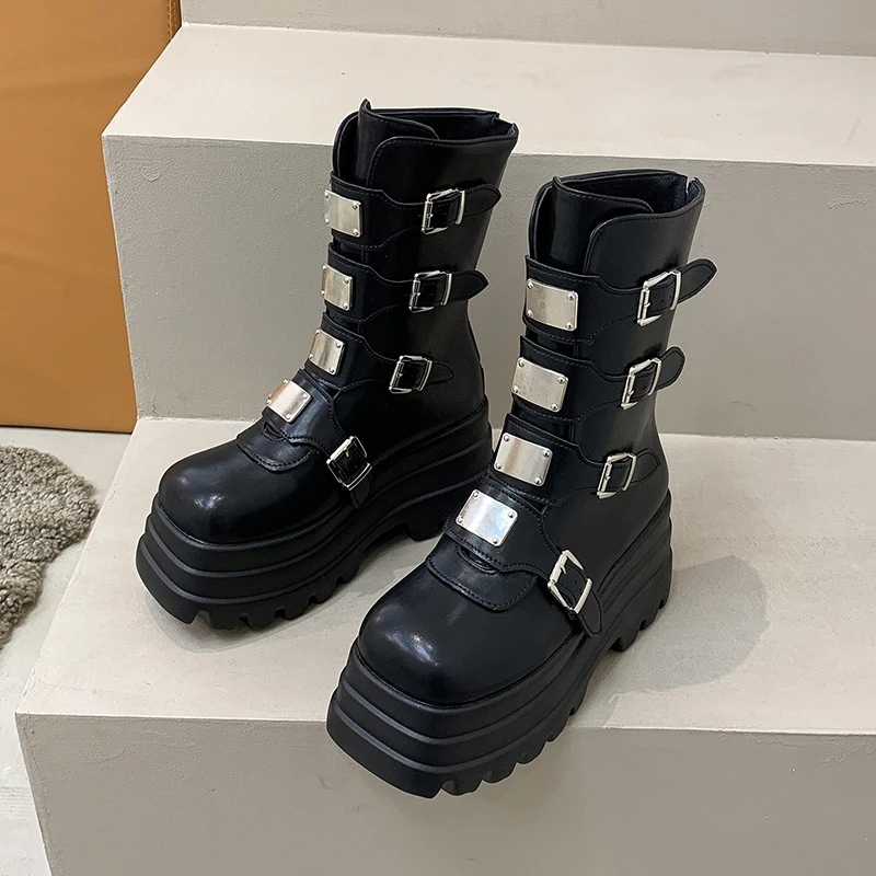 

Women Punk Boots Shoes Chunky Motorcycle Boot Cool Nightclub Party Platform Mid-Calf High Quality Casual Shoe Buckle Female