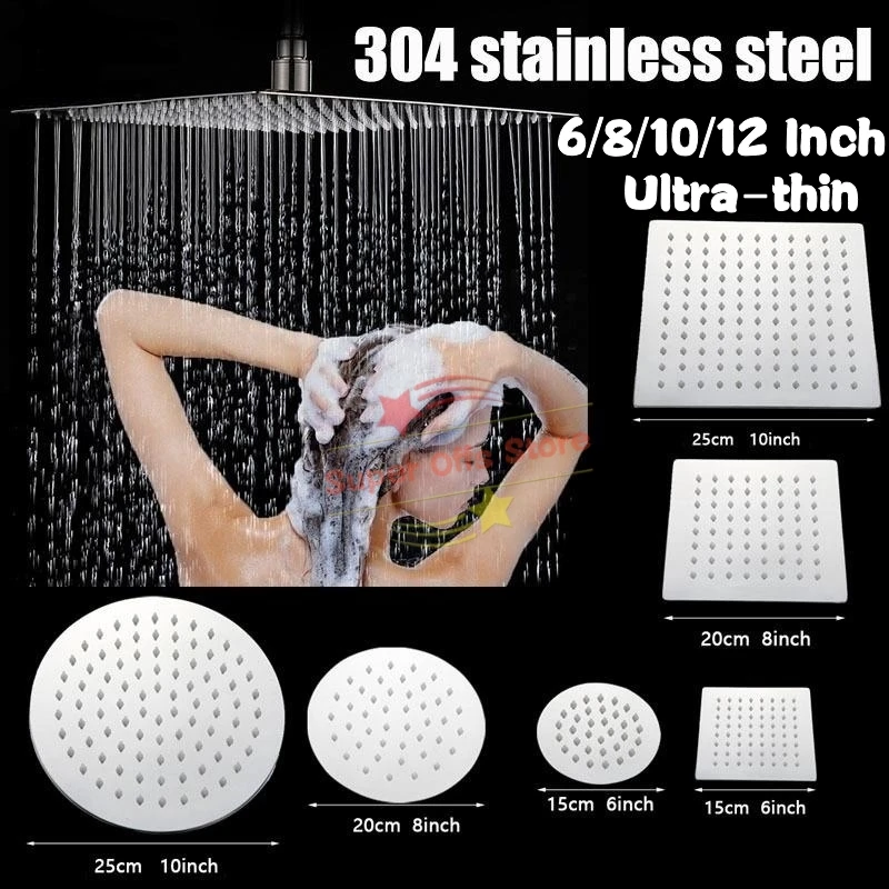 

6"/8"/10"/12" Round Square Rainfall Shower Head 304 Stainless Steel Shower Arm Ultra-thin Rain Showerhead Bathroom Accessories