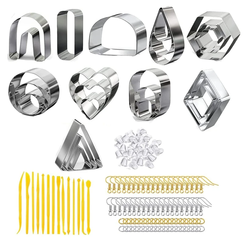 

9 Shapes Earring Cutters Clear Sealing Bag for Polymer Clay Earring Jewelry DIY 138 Pcs Stainless Steel Cutters Earring