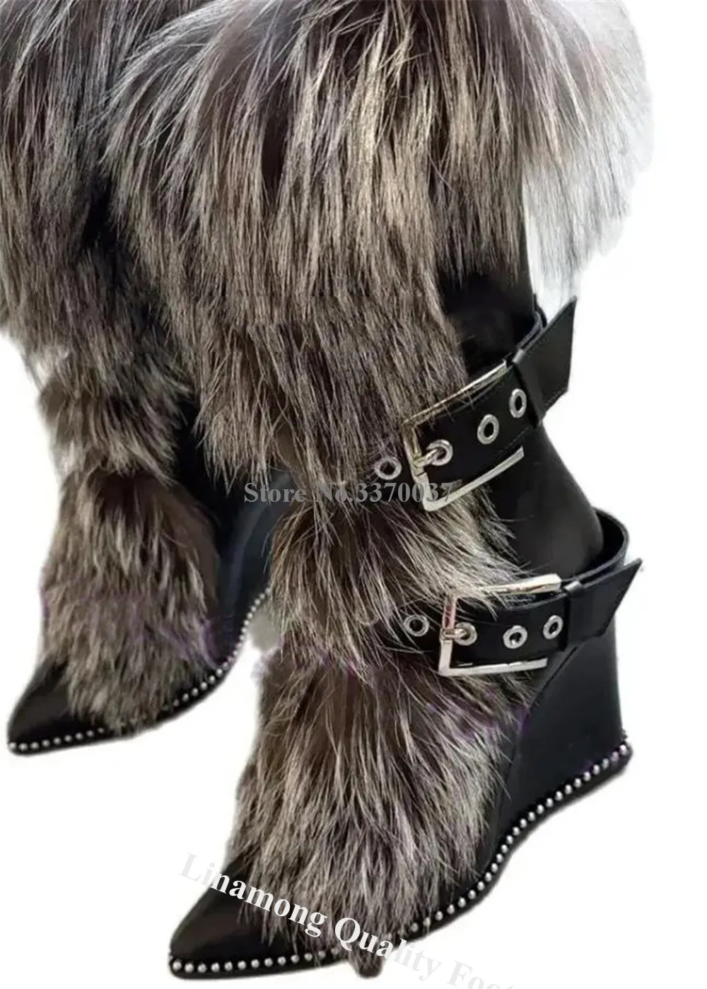 Linamong Роскошные ботинки на танкетке до середины икры украшенные натуральным