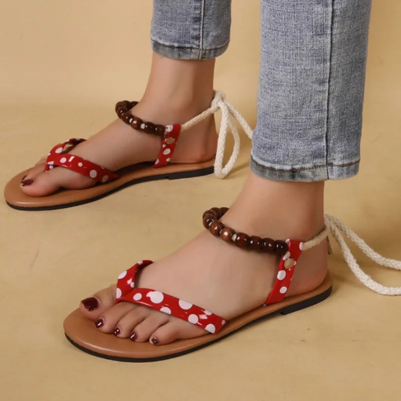 

Women's Sandals 2023 Summer Hot Sale New Open Toed Lightweight Shoes for Women Beaded Lace-up Sandals Female Zapatos Mujer